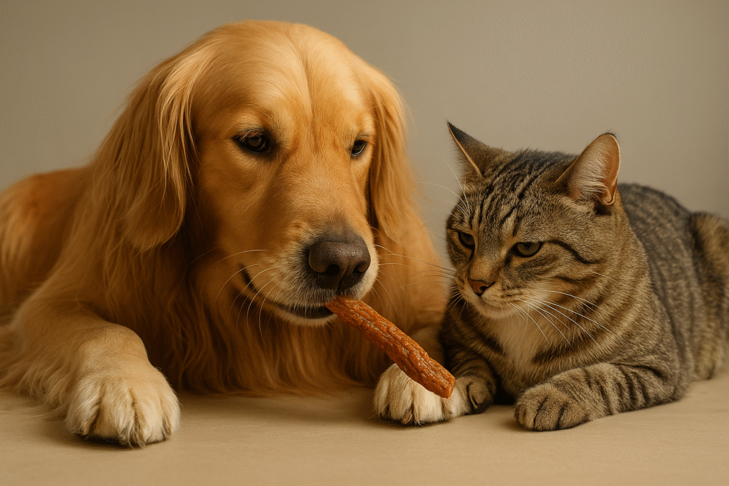 hond en kat samen eten natuurlijke snack voor gezonde huid en vacht
