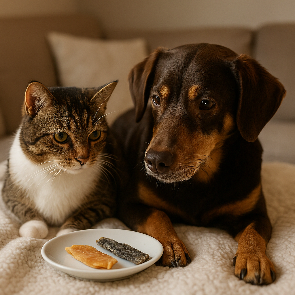 Hond en kat samen op een zachte deken naast een schaaltje met lichte, magere snacks zoals gedroogde kip en kabeljauwhuid – geschikt bij Giardia.