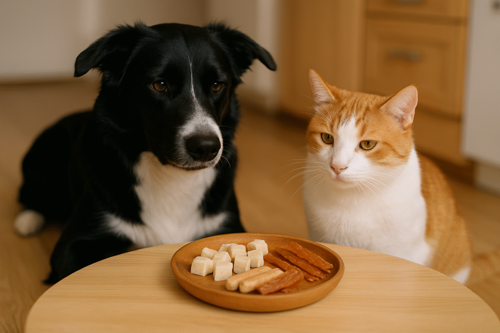 Border Collie en rood-witte kat samen bij een houten schaal met magere, natuurlijke snacks zoals kipfilet en witvis. Geschikt voor honden en katten met leverproblemen.