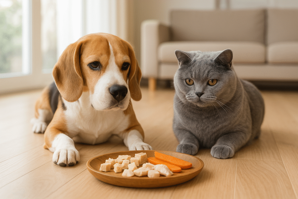 Beagle en grijze Britse Korthaar kat samen bij een houten schaal met natuurlijke snacks zoals kipblokjes en zoete aardappel. Geschikt voor honden en katten met luchtwegproblemen.