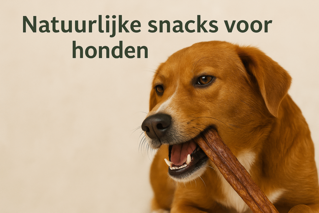 Hond kauwt op natuurlijke snack op beige achtergrond – headerafbeelding “Natuurlijke snacks voor honden” | Hond & Katwaardig
