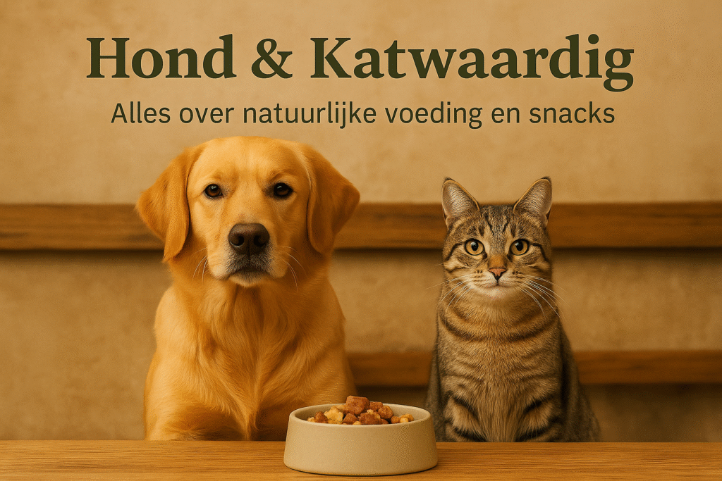 Golden Retriever en cyperse kat zitten samen aan houten tafel met natuurlijke voeding – huiselijke headerafbeelding “Hond & Katwaardig, alles over natuurlijke voeding en snacks” | Hond & Katwaardig