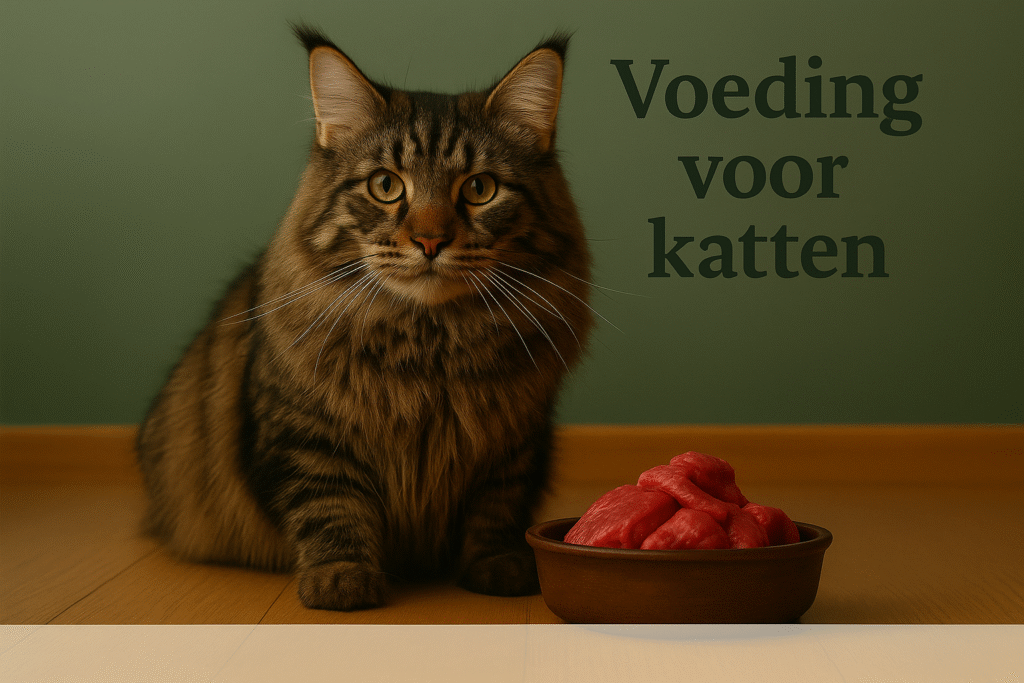 Langharige kat zit naast een kom met vers rauw vlees – headerafbeelding “Voeding voor katten” | Hond & Katwaardig