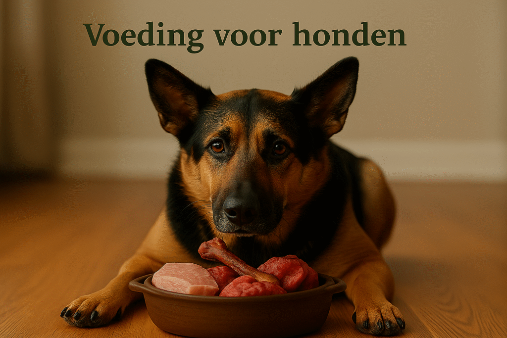 Hond ligt op houten vloer met een kom vers vlees en bot – headerafbeelding “Voeding voor honden” | Hond & Katwaardig