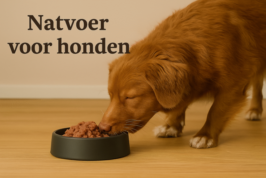 Hond eet natvoer uit een grijze voerbak op houten vloer – headerafbeelding “Natvoer voor honden” | Hond & Katwaardig
