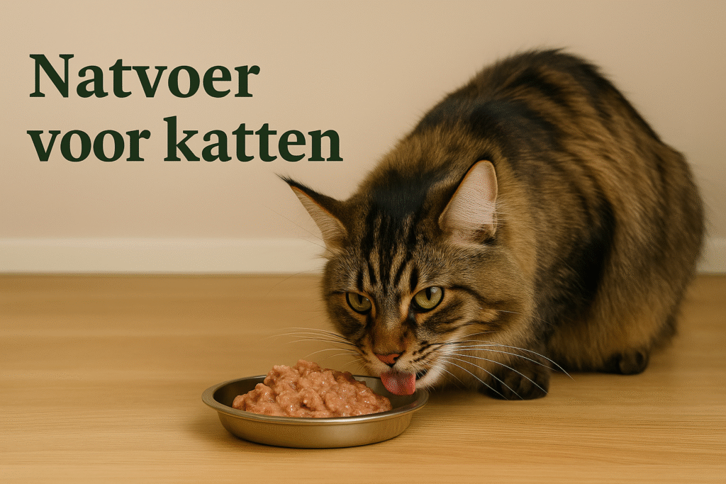 Kat eet natvoer uit een metalen schaaltje op houten vloer – liggende headerafbeelding “Natvoer voor katten” | Hond & Katwaardig