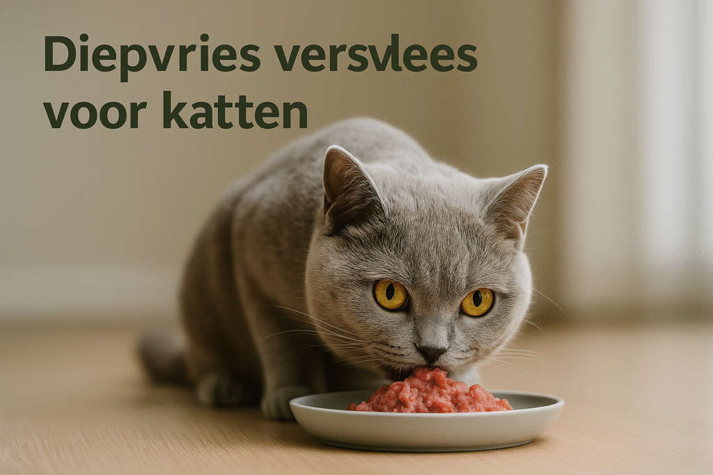 Grijze kat eet vers diepvriesvlees uit een schaaltje op houten vloer – headerafbeelding “Diepvries versvlees voor katten” | Hond & Katwaardig