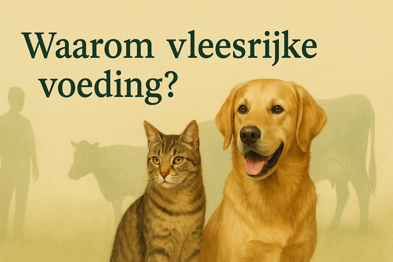 Hond en kat in hyperrealistische stijl; titel: Waarom vleesrijke voeding – Hond & Katwaardig