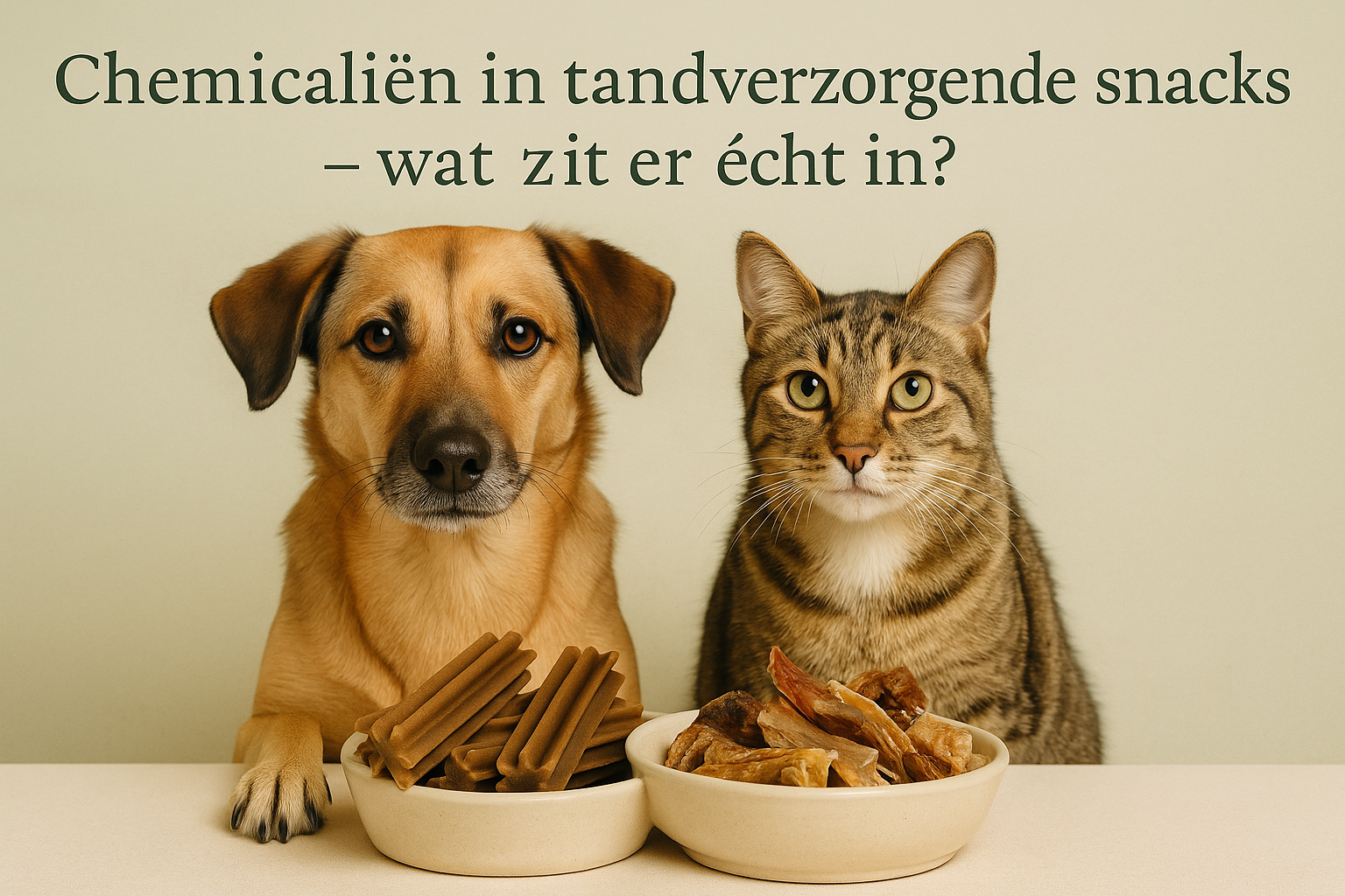 Hond en kat naast kunstmatige dental sticks en natuurlijke snacks – vergelijking natuurlijk versus chemisch.