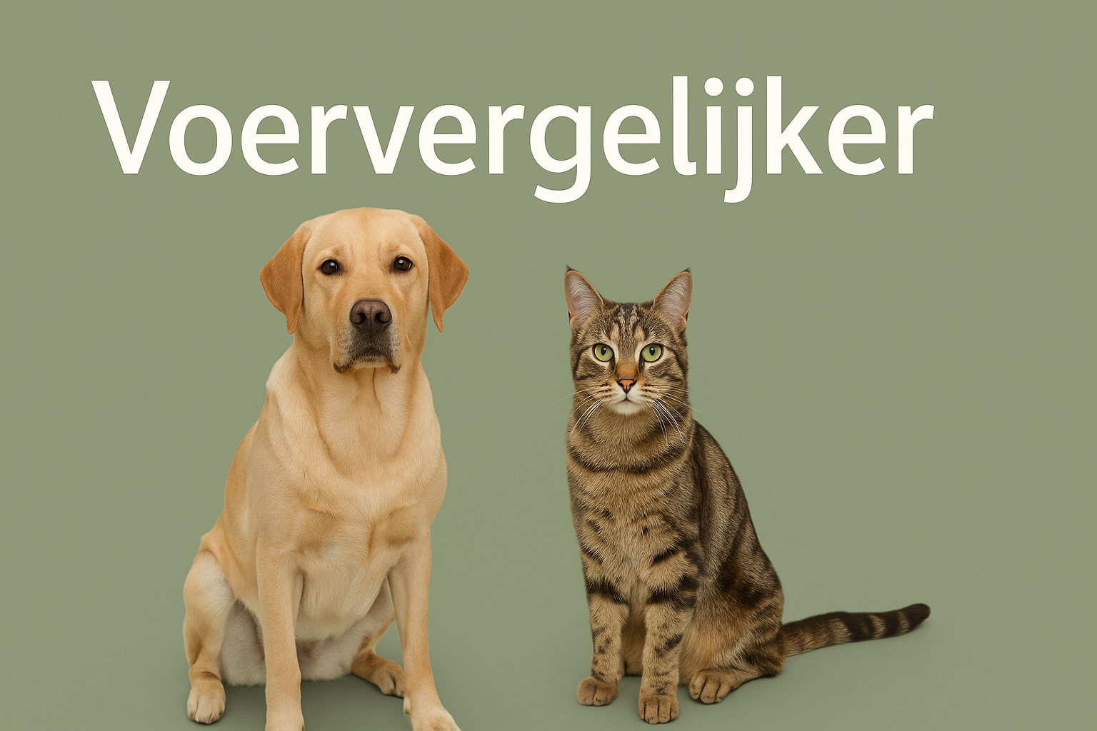 Hond en kat naast elkaar op een zachte groene achtergrond met de titel “Voervergelijker” erboven – headerafbeelding Hond & Katwaardig