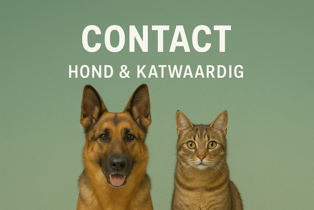 Duitse herder en cyperse kat zitten naast elkaar voor een zachte groene achtergrond, met de tekst ‘Contact – Hond & Katwaardig’ erboven.