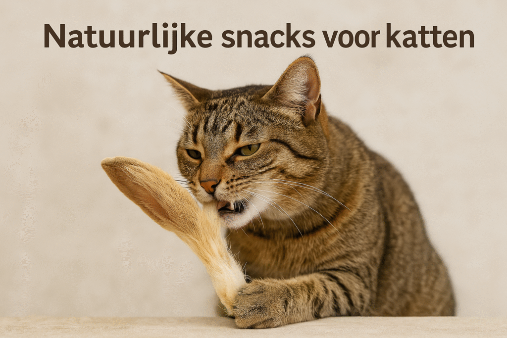 "Tabbykat knaagt op een konijnenoor snack tegen een lichte beige achtergrond – natuurlijke snacks voor katten"