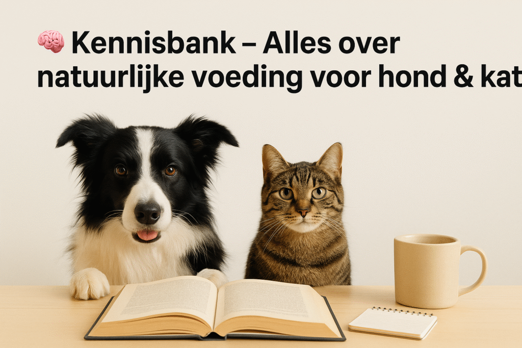 Hond en kat samen bij open boek over natuurlijke voeding – symbool voor kennis en inzicht – Hond & Katwaardig