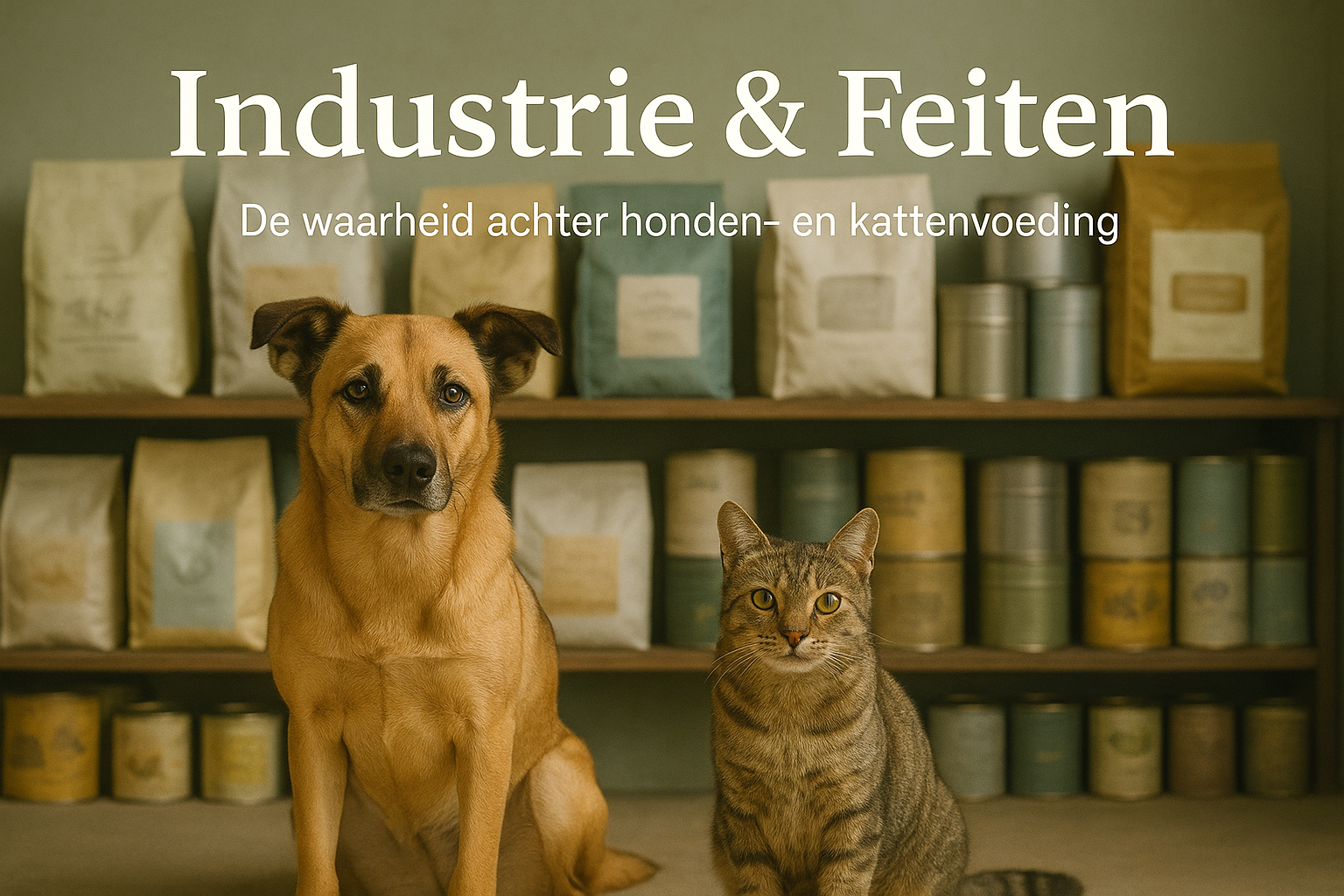 Hond en kat zittend voor rekken vol diervoeding – symbool voor de diervoederindustrie en transparantie in voeding
