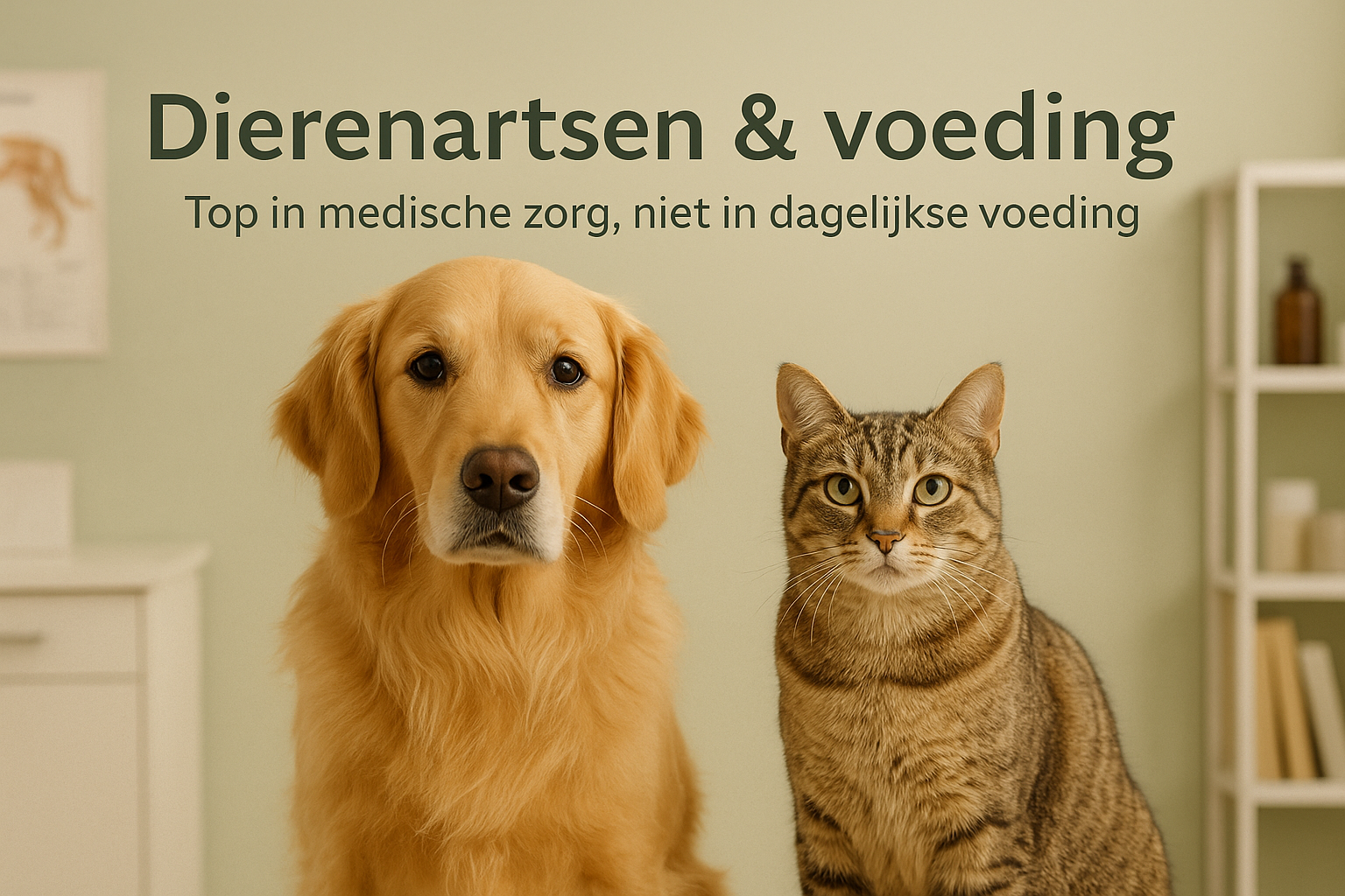 Hond en kat in wachtkamer met informatiemateriaal – symbool voor dierenartsen en dagelijkse voeding