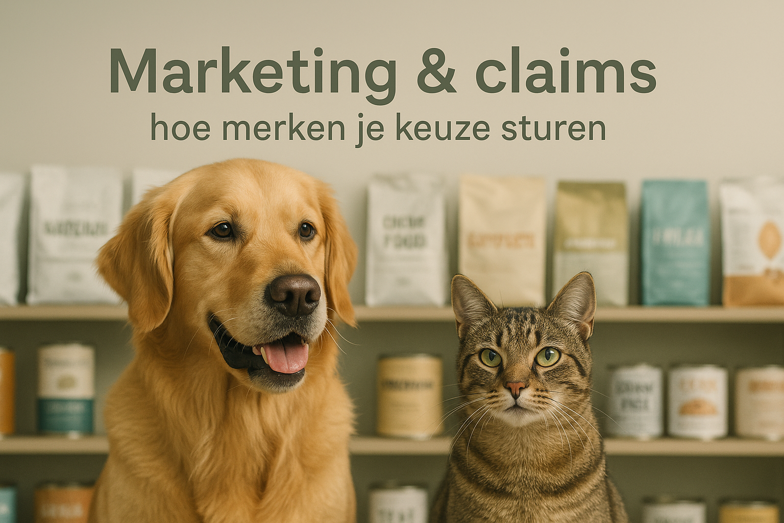 Hond en kat voor schap met verpakkingen – focus op claims en etiketten