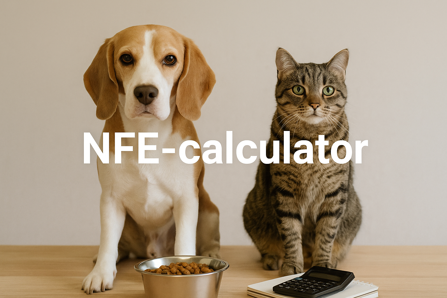 Hond en kat met voerbak en rekenmachine – NFE koolhydraten berekenen