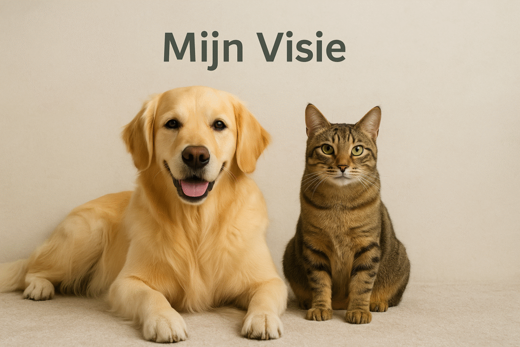 Golden Retriever en gestreepte kat zitten rustig naast elkaar op een lichte beige achtergrond met de tekst ‘Mijn Visie’ erboven – headerafbeelding voor de visiepagina van Hond & Katwaardig.
