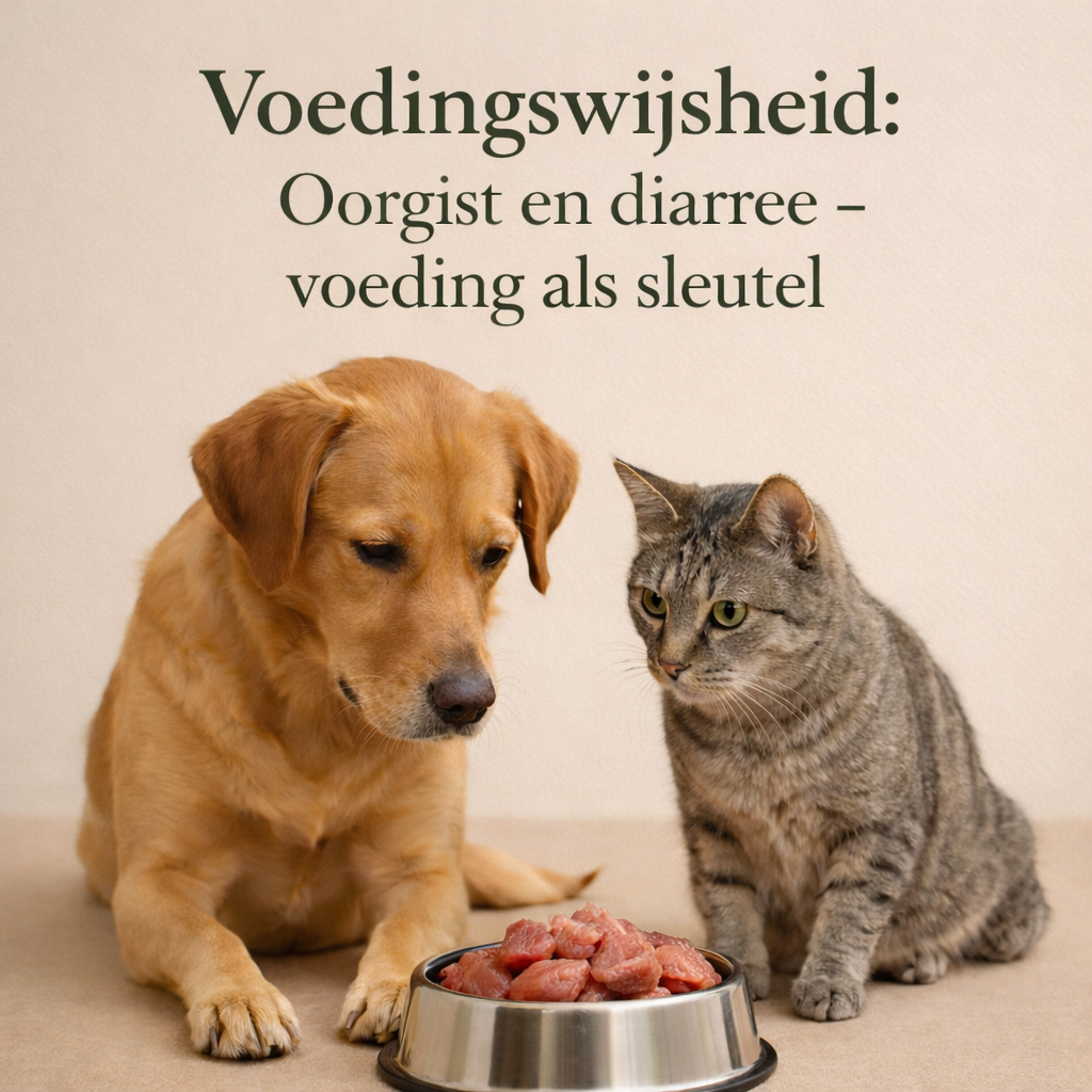 Afbeelding (website) – Alt-tekst:
Hond en kat samen bij natuurlijke voeding – Voedingswijsheid over darmgezondheid, oorgist en diarree bij honden.
