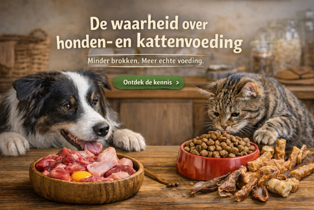 Hond en kat met natuurlijke voeding naast brokken en snacks, vergelijking tussen vers vlees en bewerkt dierenvoer
