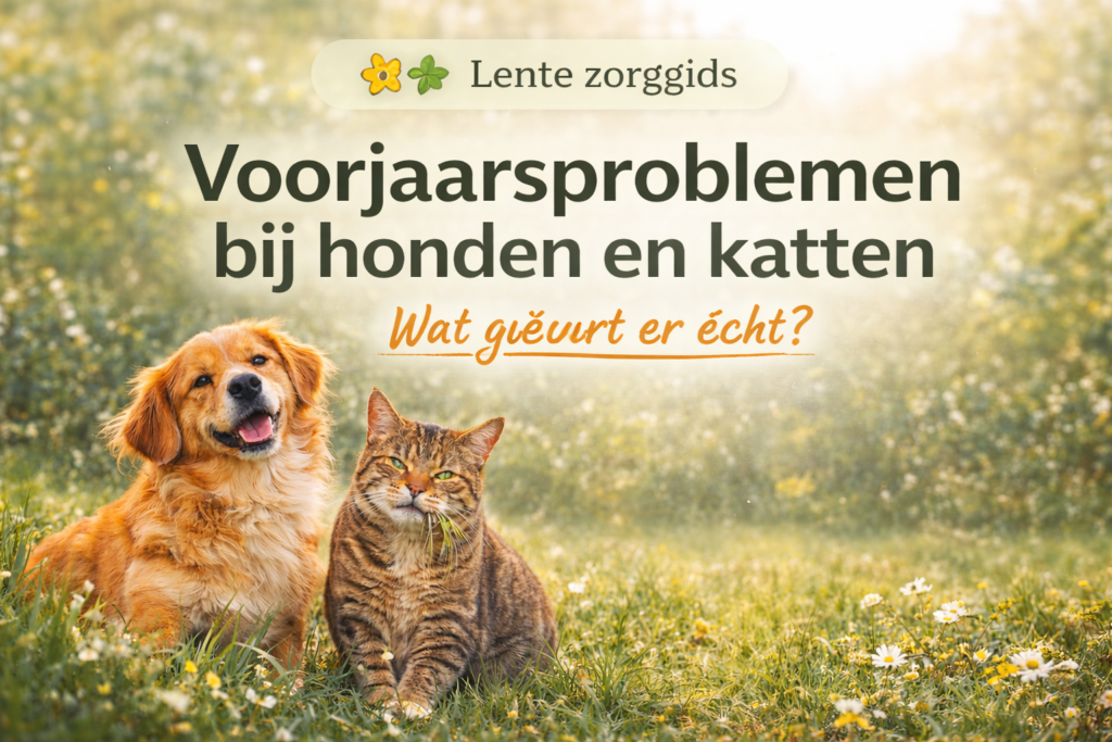 Voorjaarsproblemen bij honden en katten – jeuk, verharen en allergie in een groen voorjaarslandschap